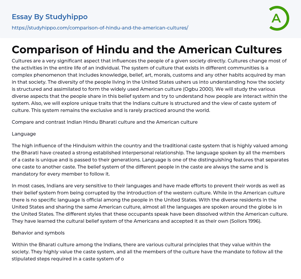 Comparison of Hindu and the American Cultures Essay Example