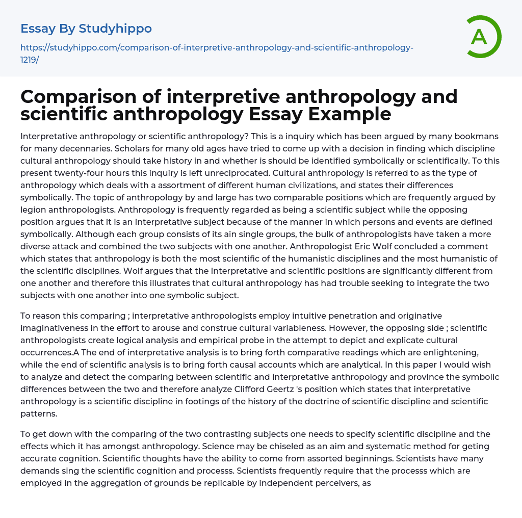 Comparison of interpretive anthropology and scientific anthropology Essay Example