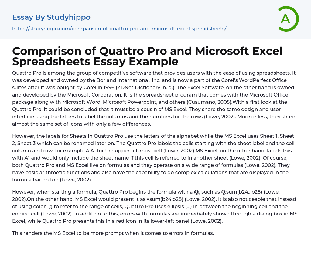 Comparison of Quattro Pro and Microsoft Excel Spreadsheets Essay Example