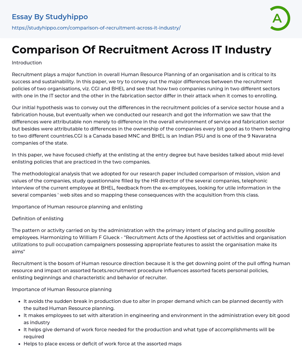 Comparison Of Recruitment Across IT Industry Essay Example