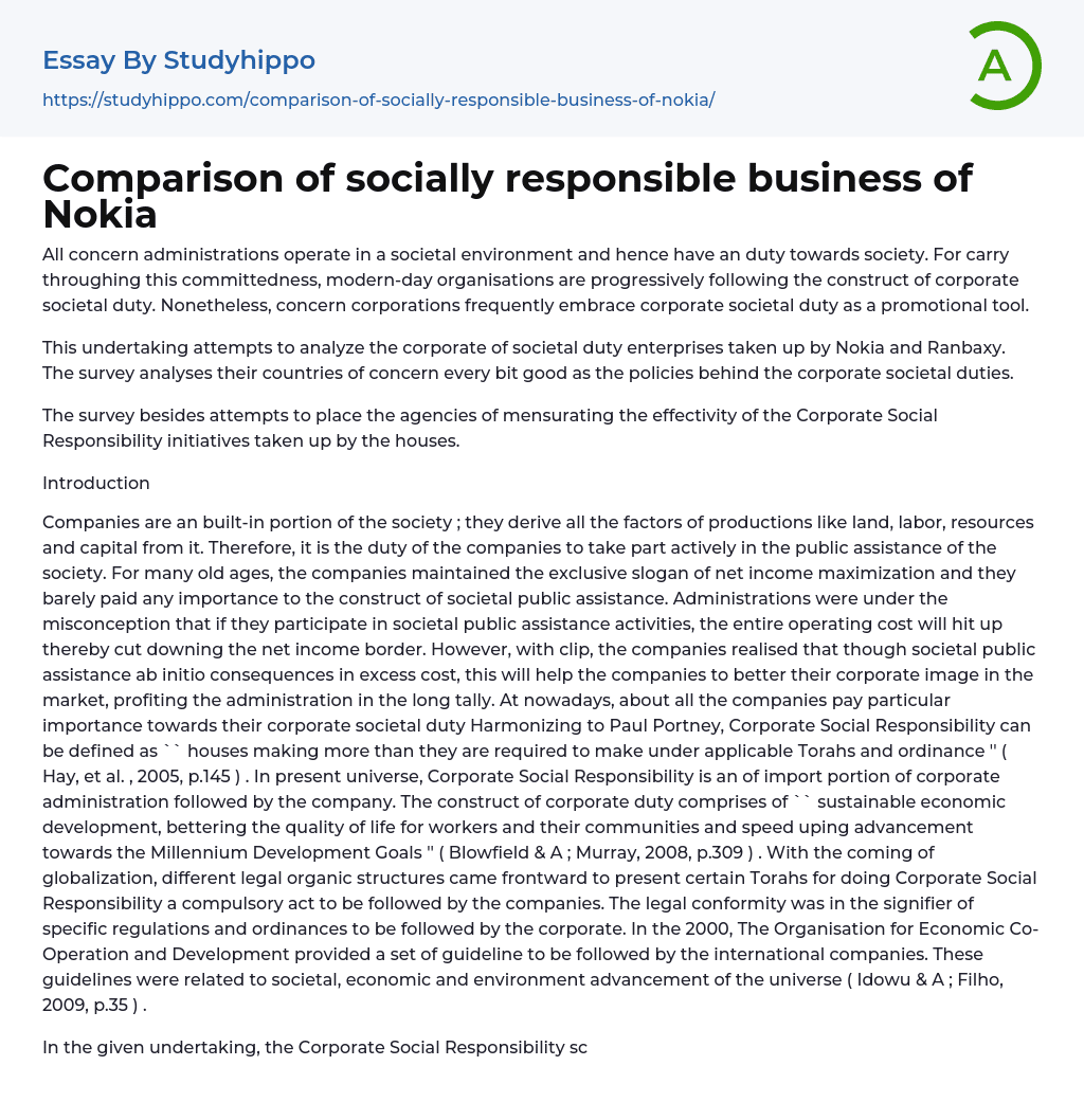 Comparison of socially responsible business of Nokia Essay Example