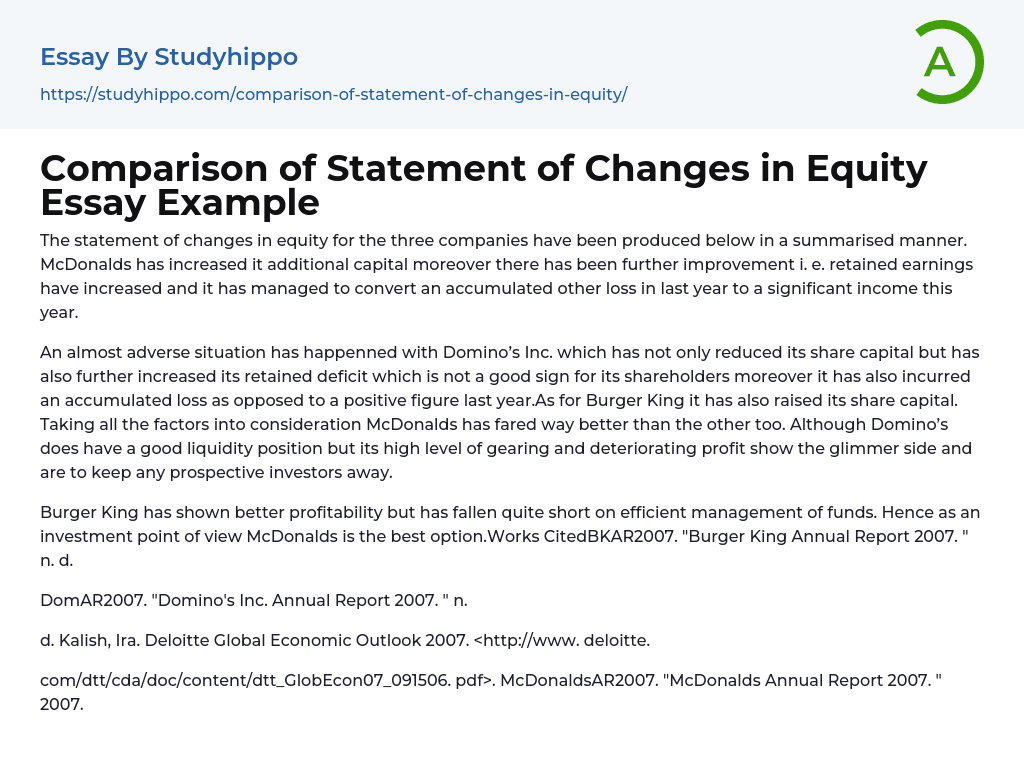 Comparison of Statement of Changes in Equity Essay Example