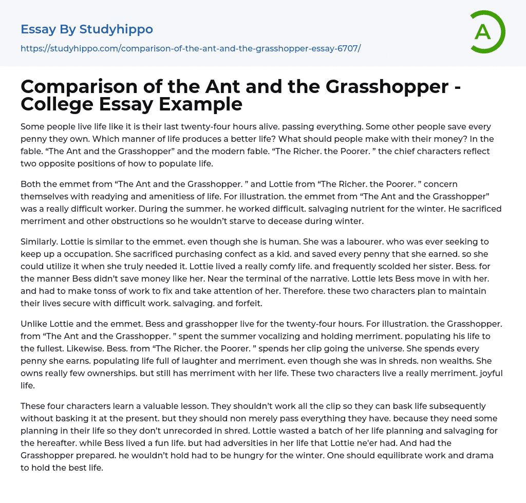 Comparison of the Ant and the Grasshopper – College Essay Example