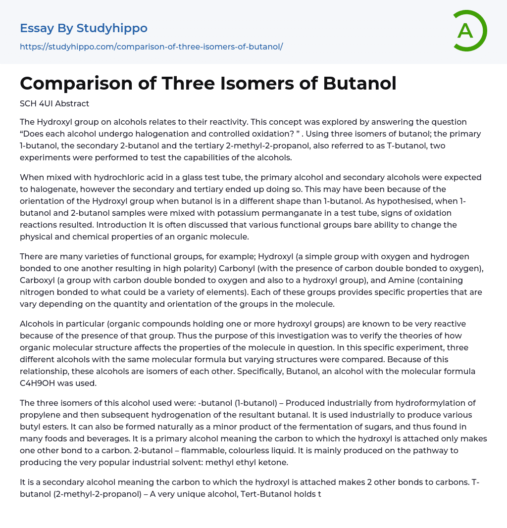 Comparison of Three Isomers of Butanol Essay Example