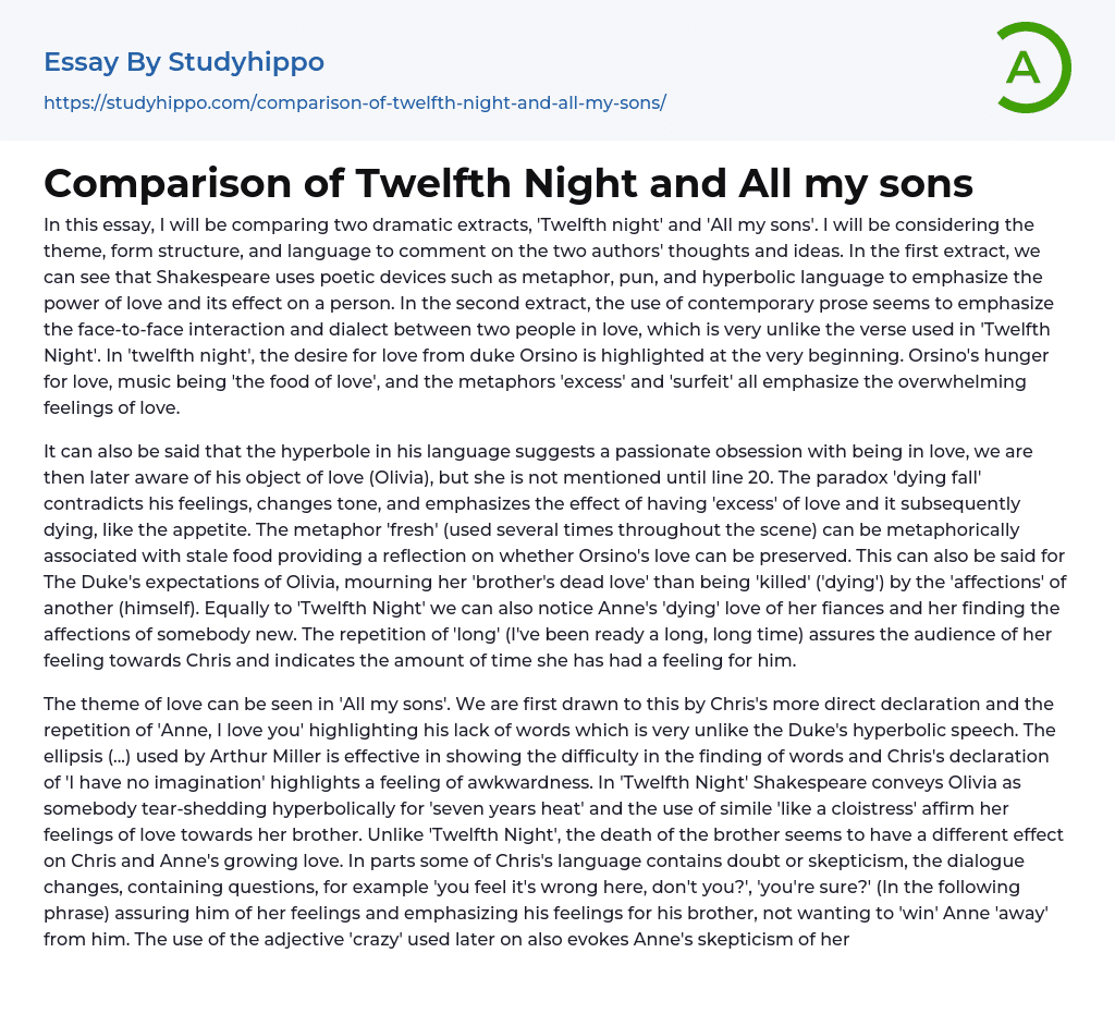 Comparison of Twelfth Night and All my sons Essay Example