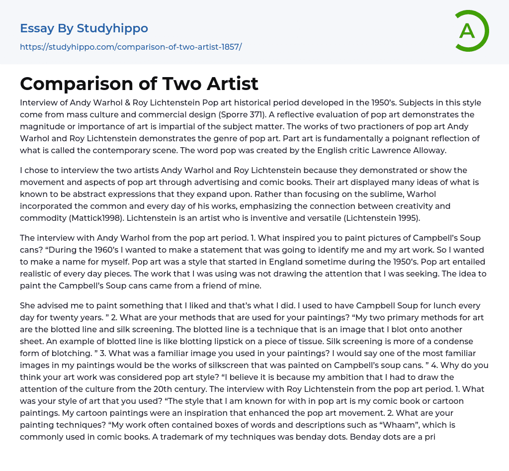Comparison of Two Artist Essay Example