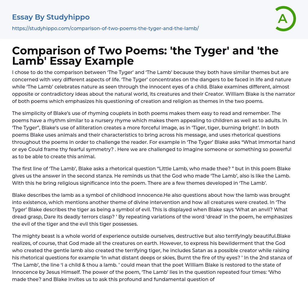 Comparison of Two Poems: ‘the Tyger’ and ‘the Lamb’ Essay Example