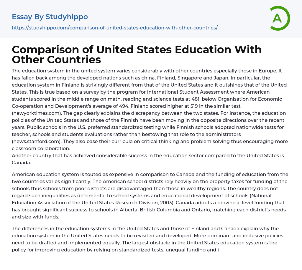 Comparison of United States Education With Other Countries Essay Example