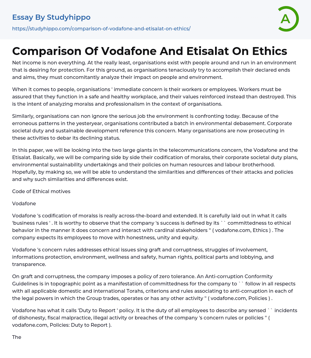 Comparison Of Vodafone And Etisalat On Ethics Essay Example