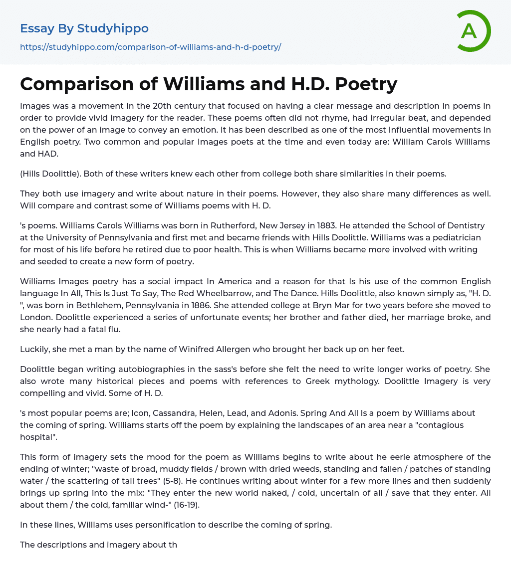 Comparison of Williams and H.D. Poetry Essay Example