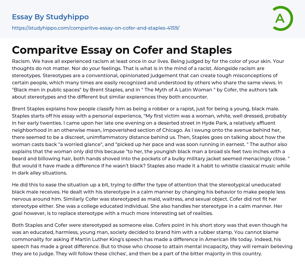 Comparitve Essay on Cofer and Staples