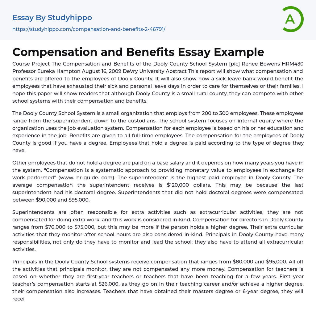 The Compensation and Benefits of the Dooly County School System Essay Example