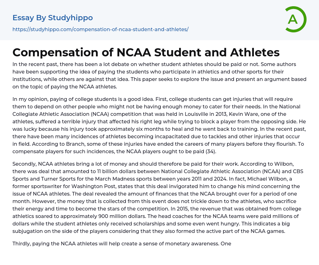 Compensation of NCAA Student and Athletes Essay Example