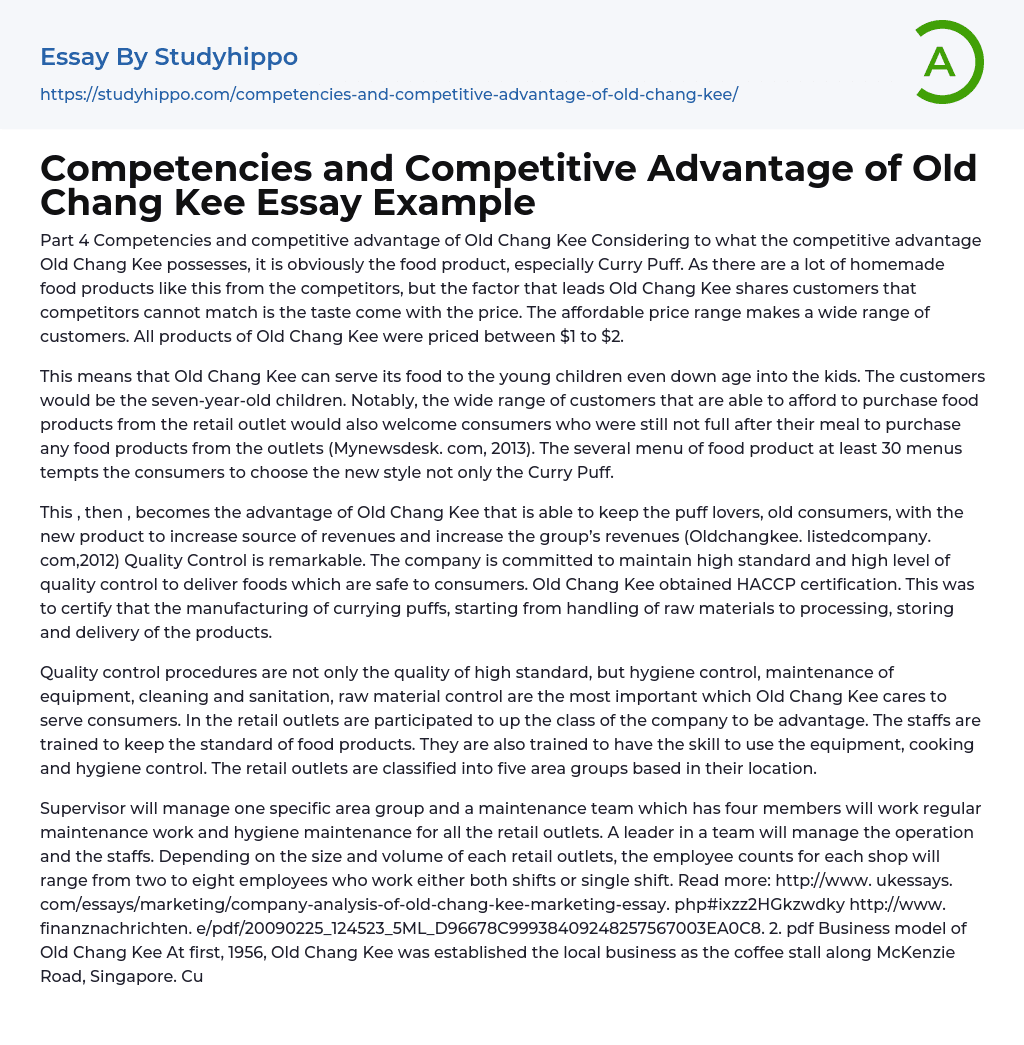 Competencies and Competitive Advantage of Old Chang Kee Essay Example