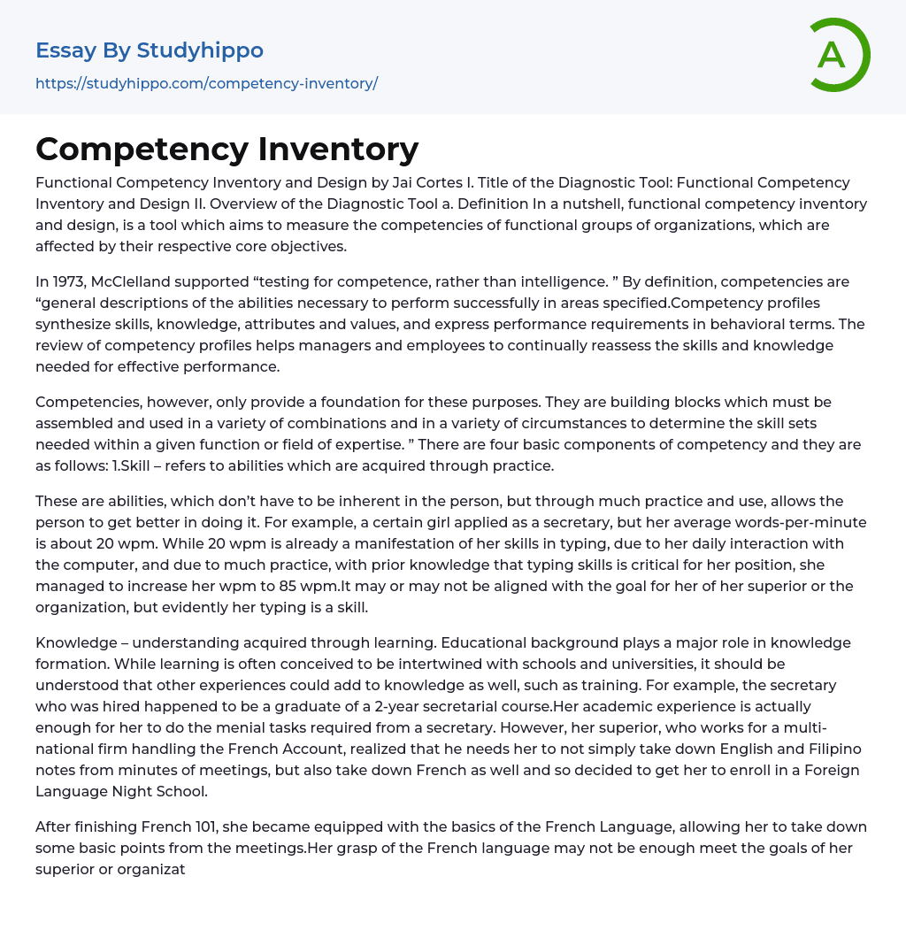 Competency Inventory Essay Example