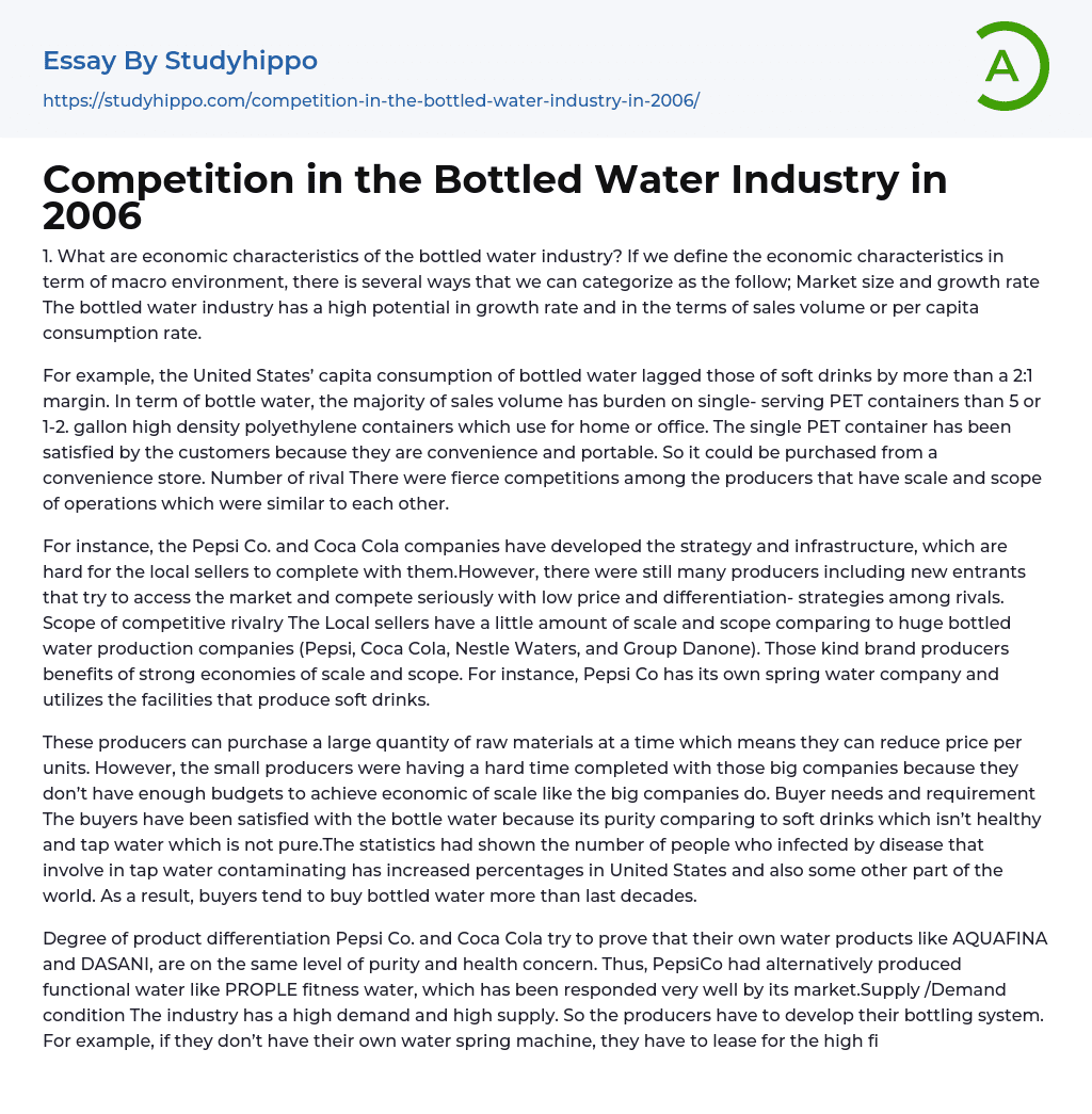 Competition in the Bottled Water Industry in 2006 Essay Example
