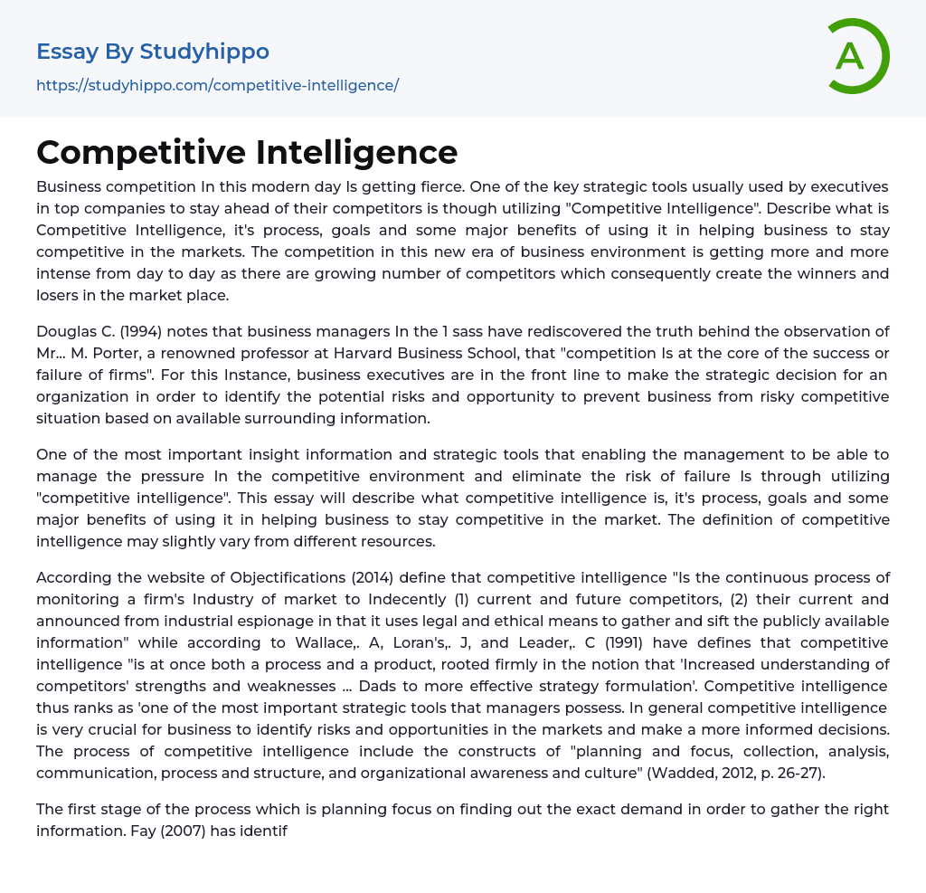 Competitive Intelligence Essay Example