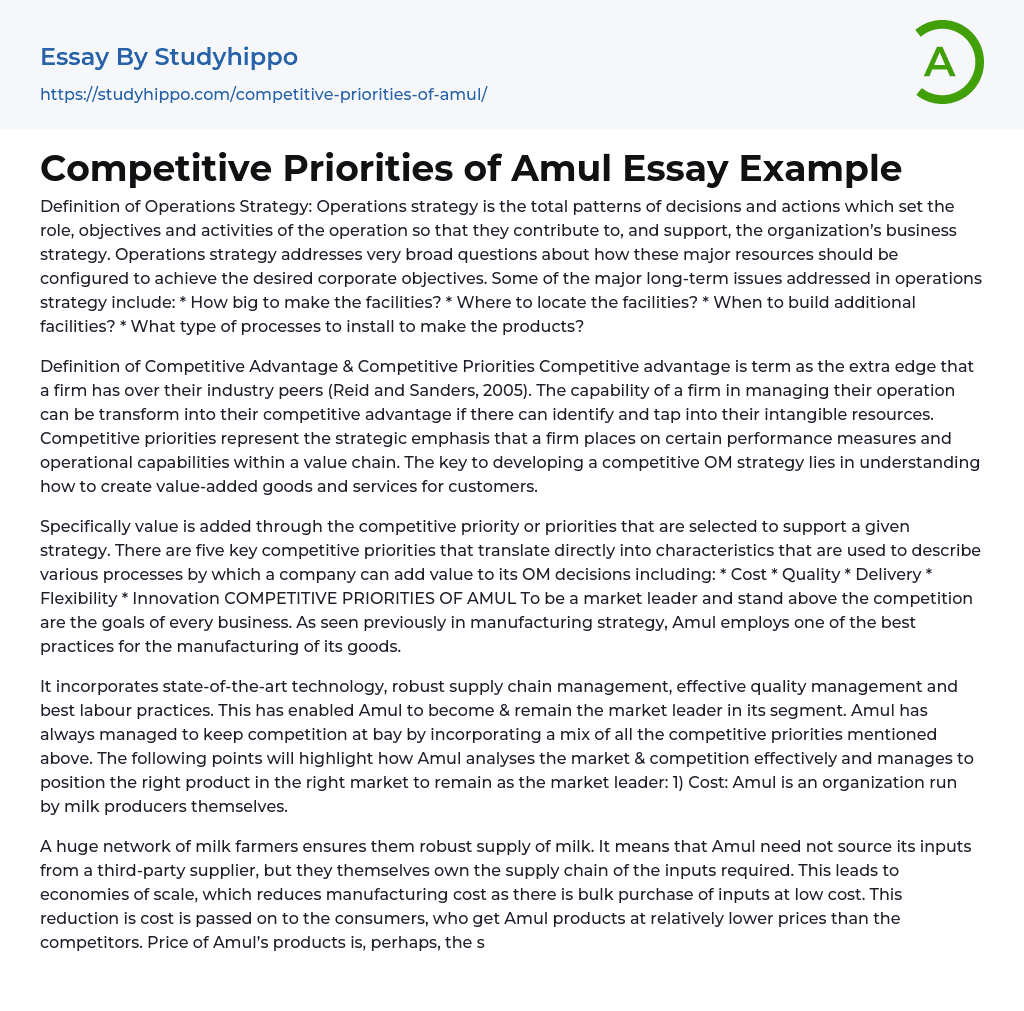 Competitive Priorities of Amul Essay Example