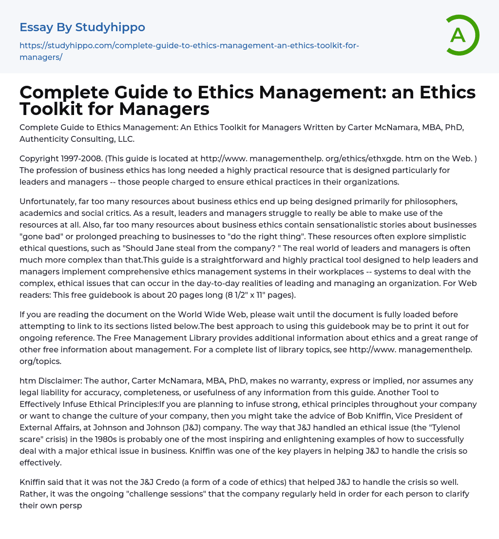 Complete Guide to Ethics Management Essay Example