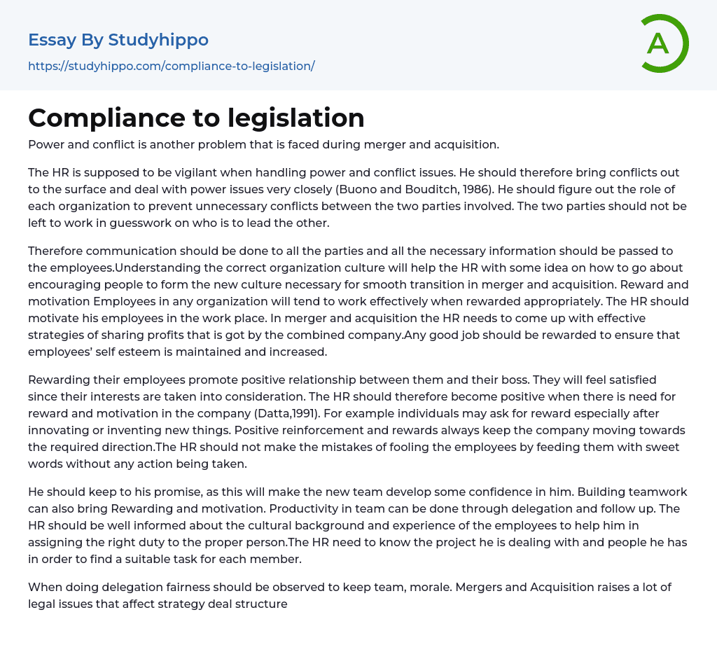 Compliance to legislation Essay Example