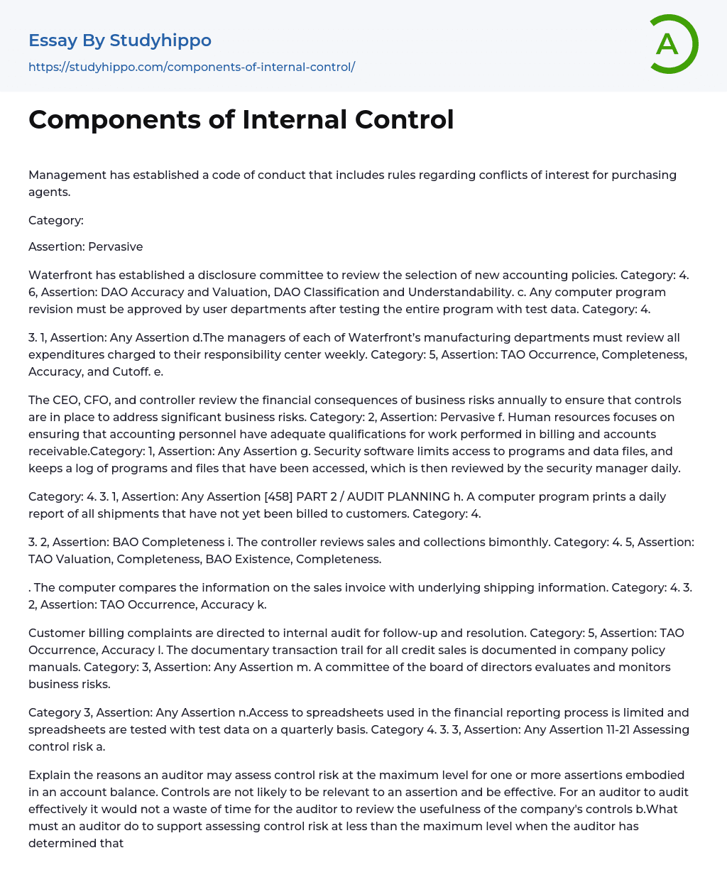 Components of Internal Control Essay Example