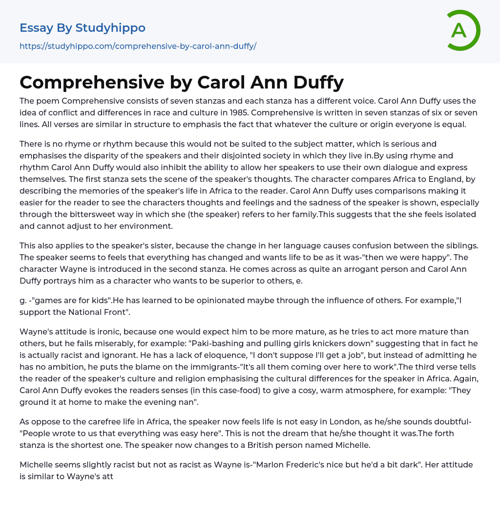 Comprehensive by Carol Ann Duffy Essay Example