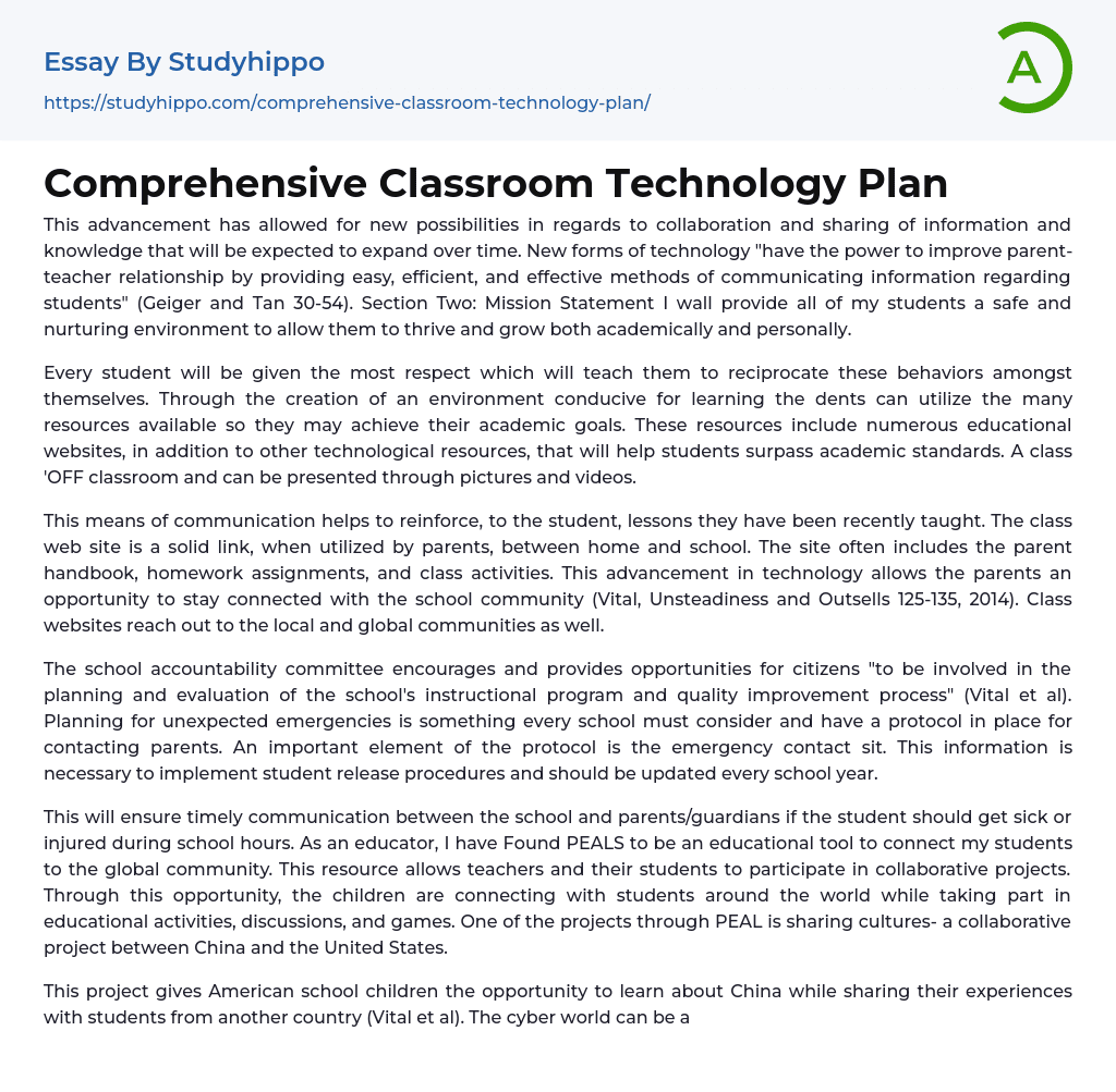 Comprehensive Classroom Technology Plan Essay Example