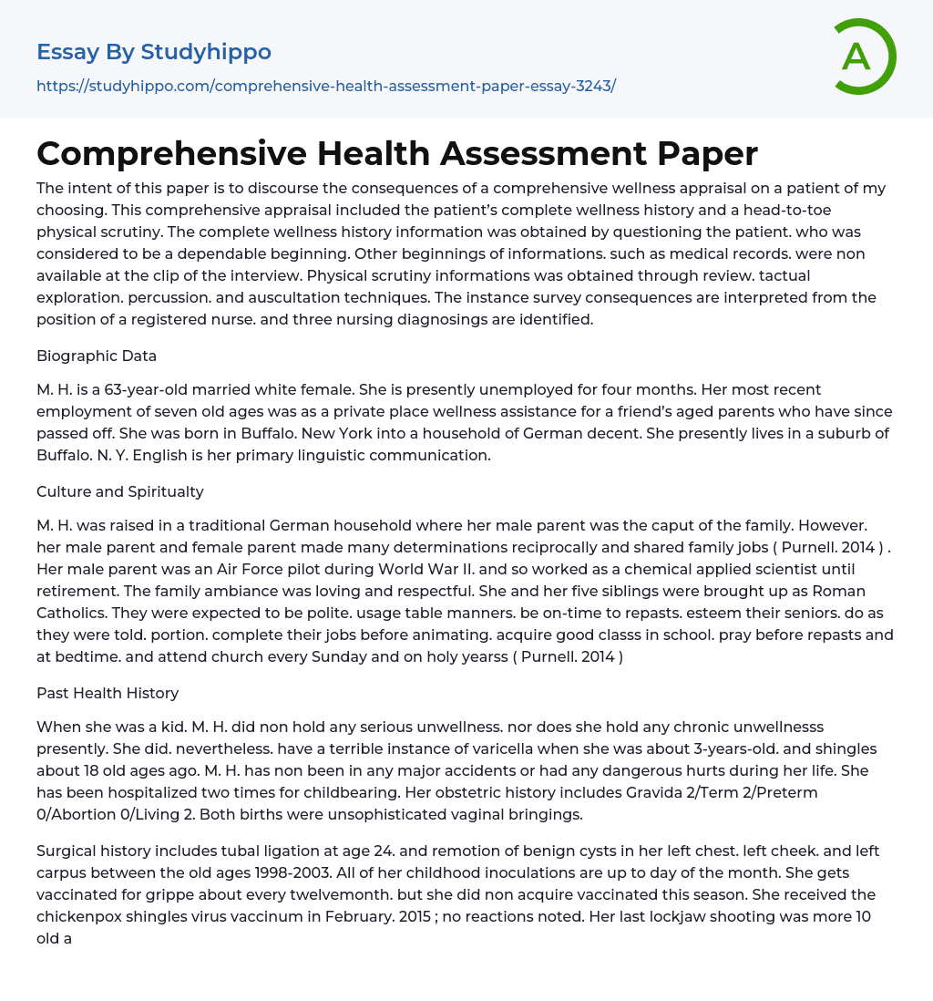 Comprehensive Health Assessment Paper Essay Example
