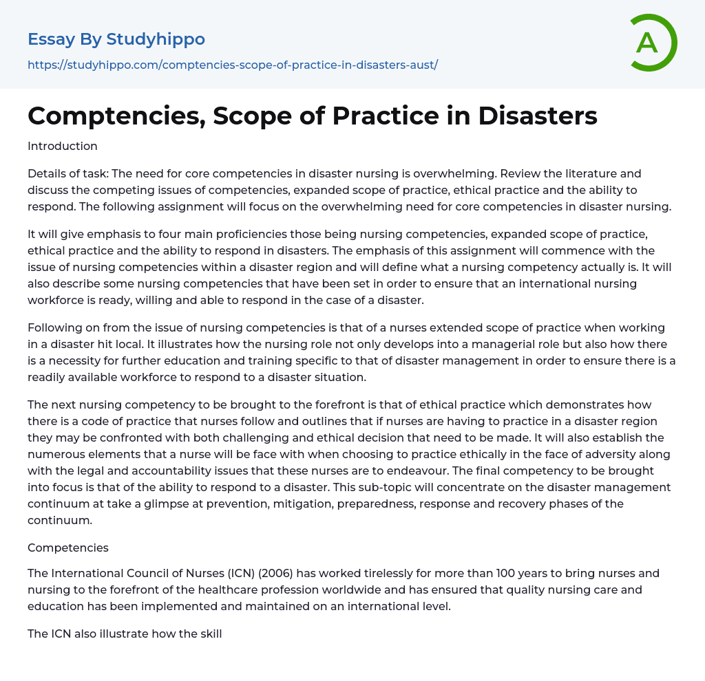 Comptencies, Scope of Practice in Disasters Essay Example