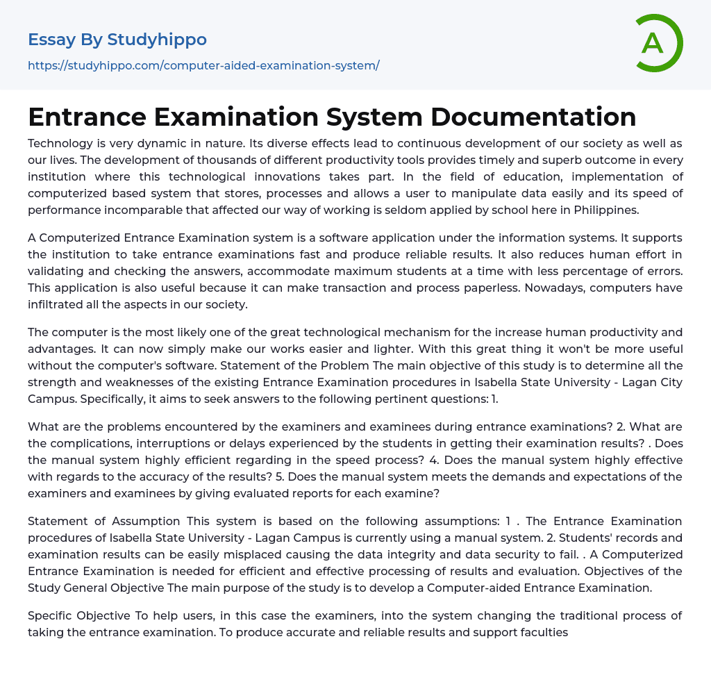 Entrance Examination System Documentation Essay Example