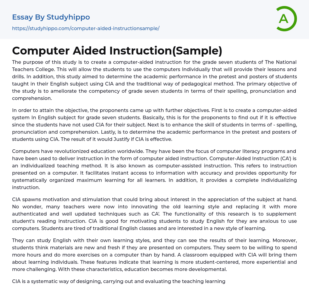 Computer Aided Instruction(Sample) Essay Example