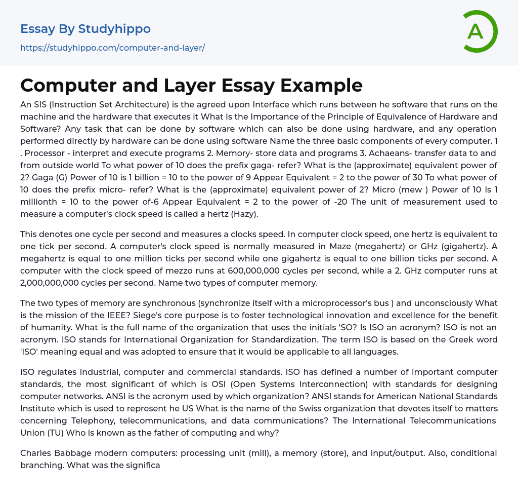 Computer and Layer Essay Example