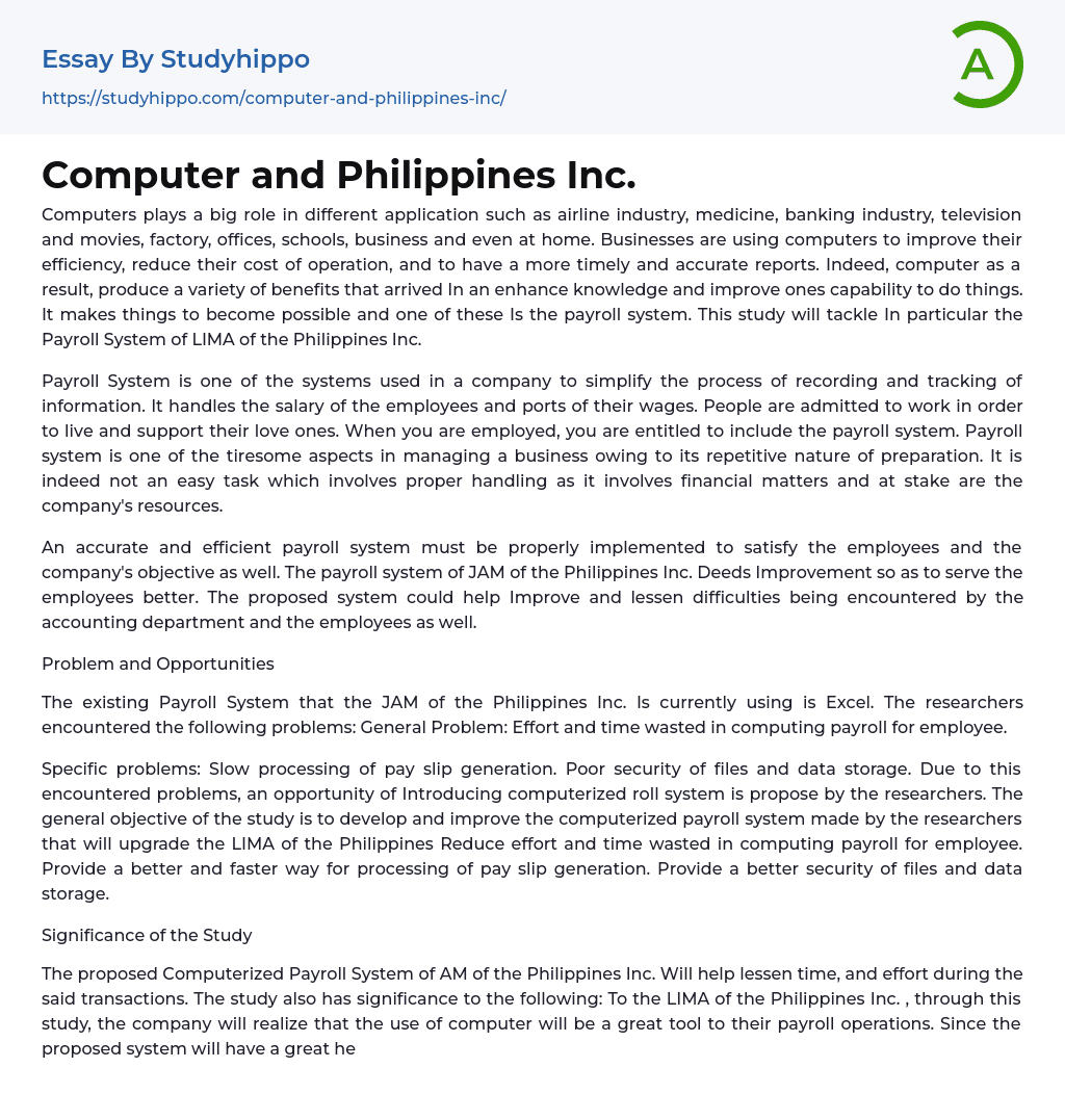 Computer and Philippines Inc. Essay Example