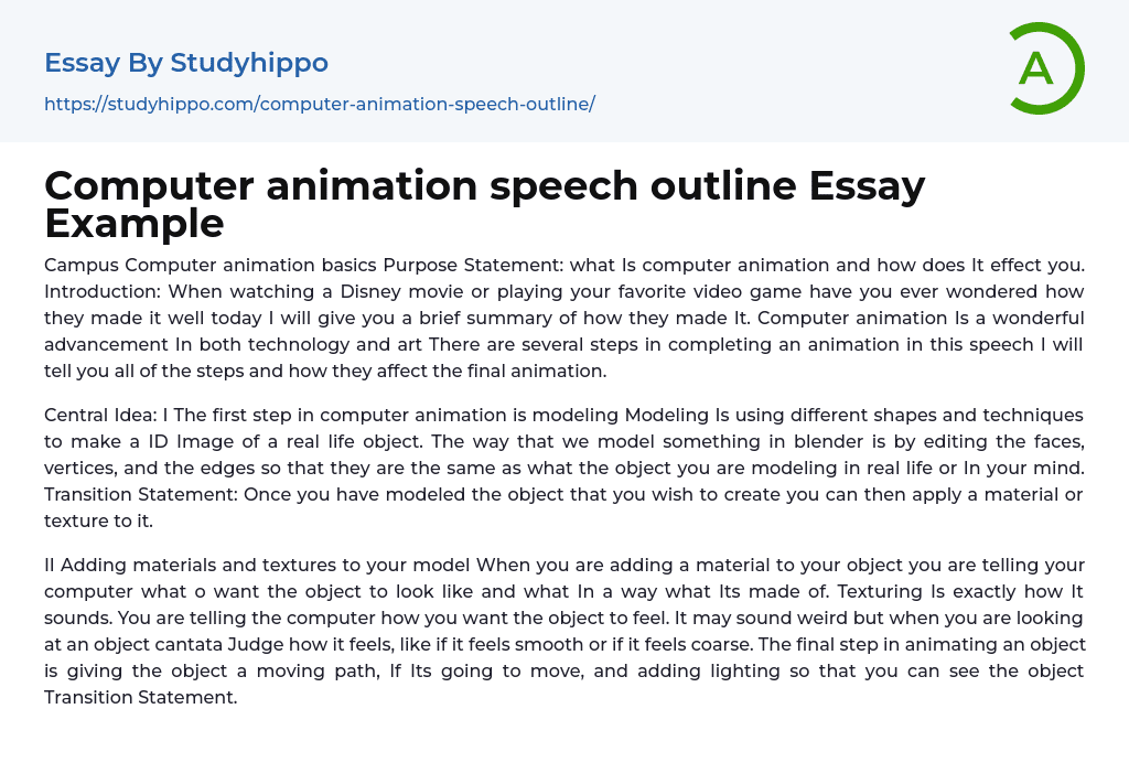 Computer animation speech outline Essay Example