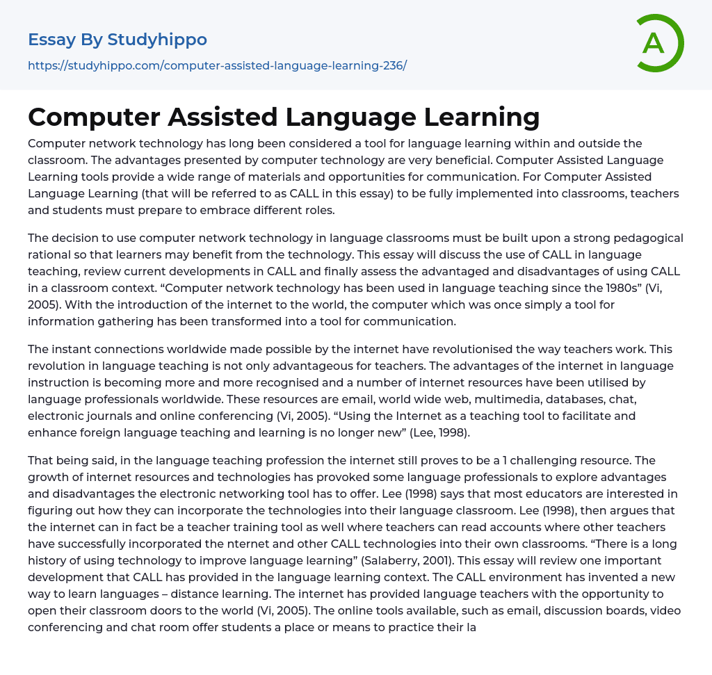 Computer Assisted Language Learning Essay Example