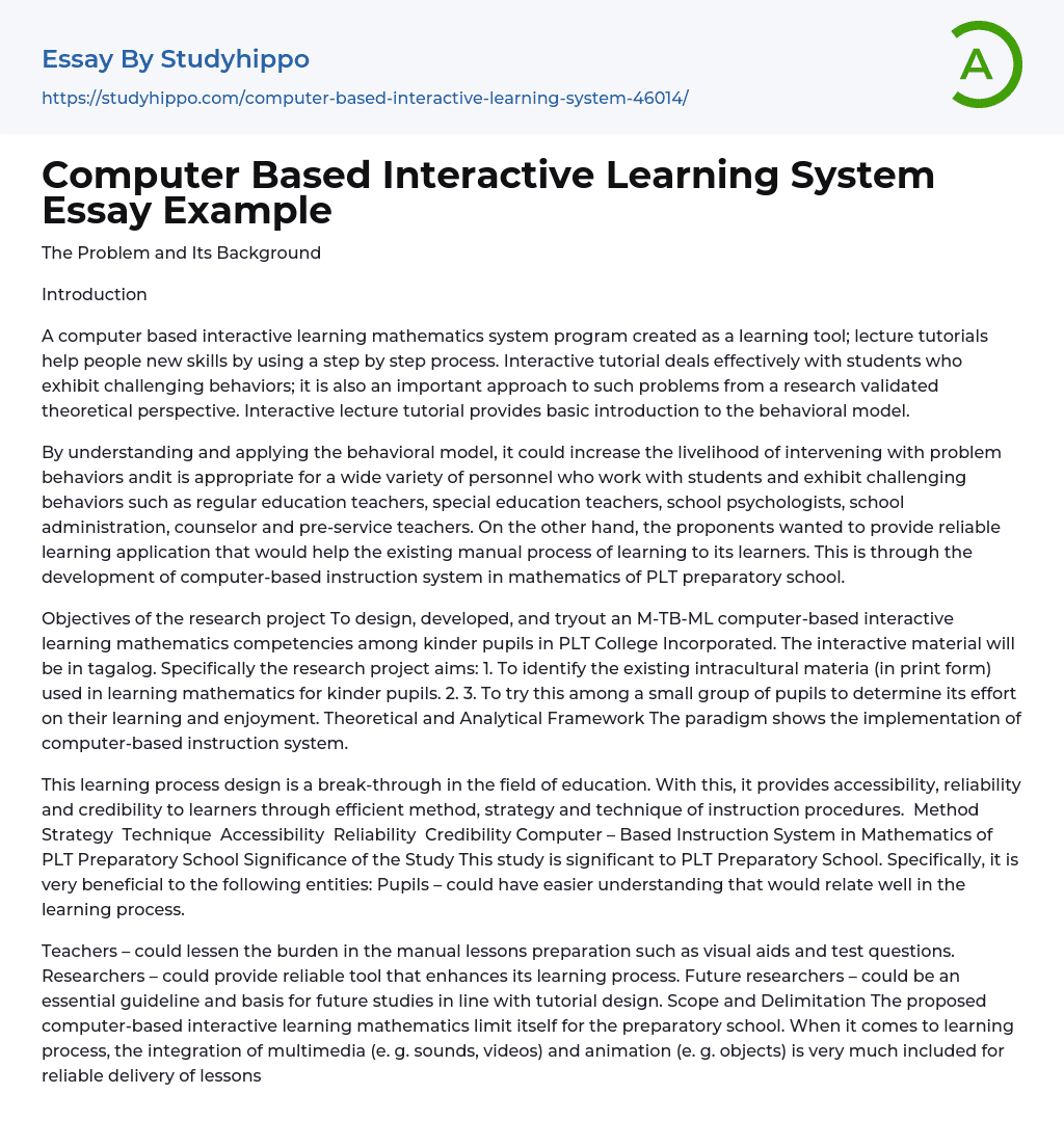 Computer Based Interactive Learning System Essay Example