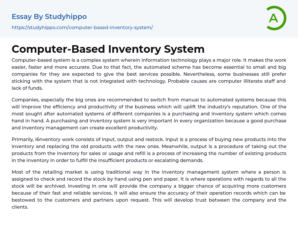 Computer-Based Inventory System Essay Example