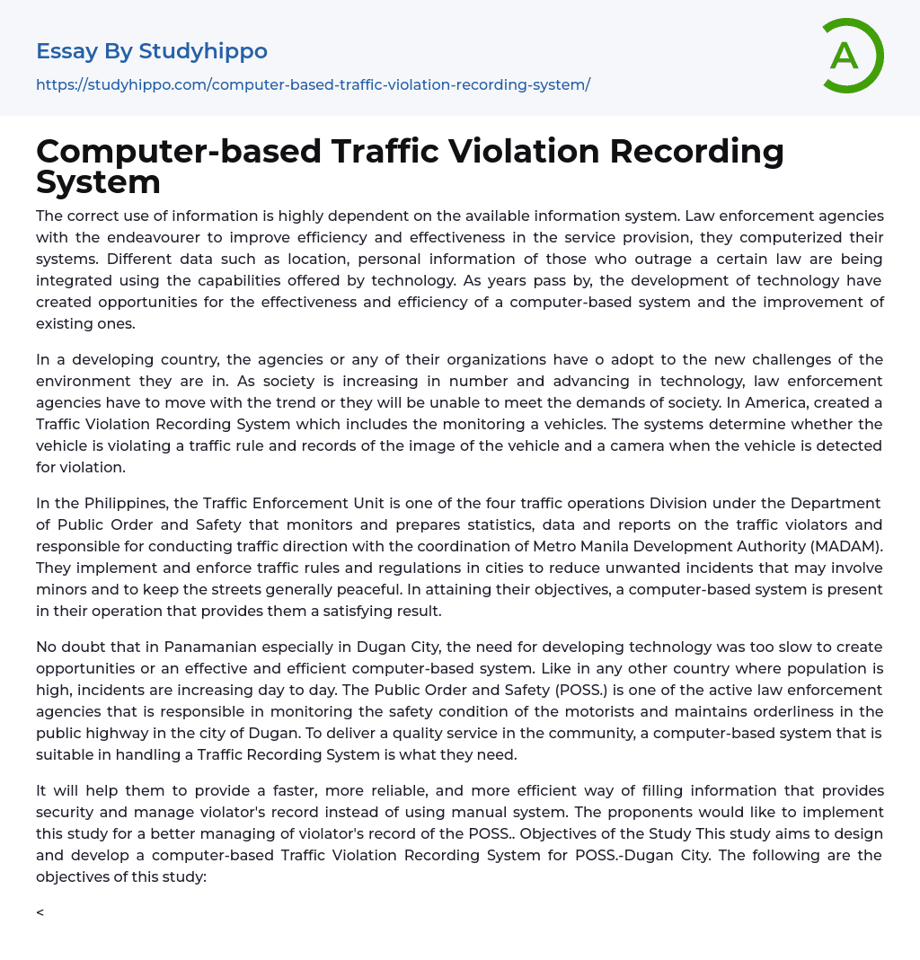Computer-based Traffic Violation Recording System Essay Example