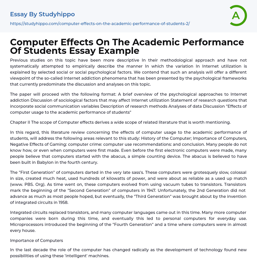 Computer Effects On The Academic Performance Of Students Essay Example