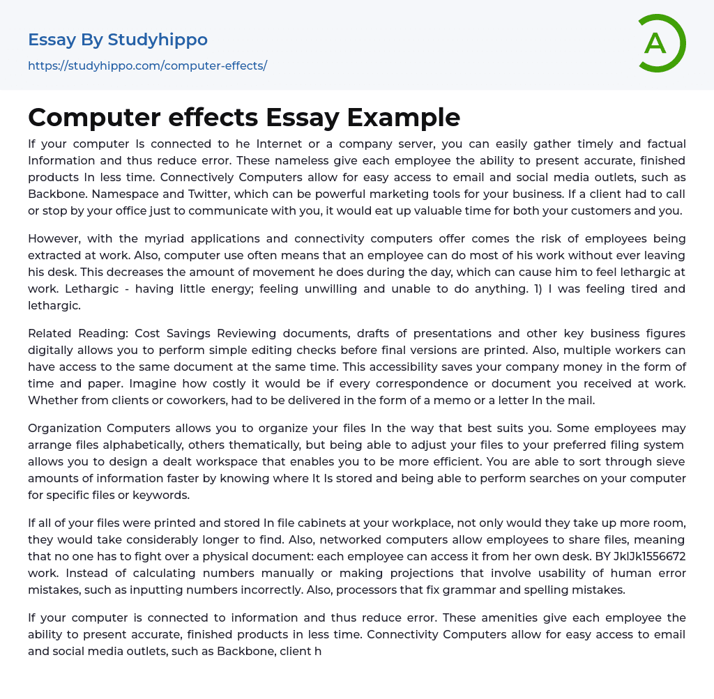 Computer effects Essay Example