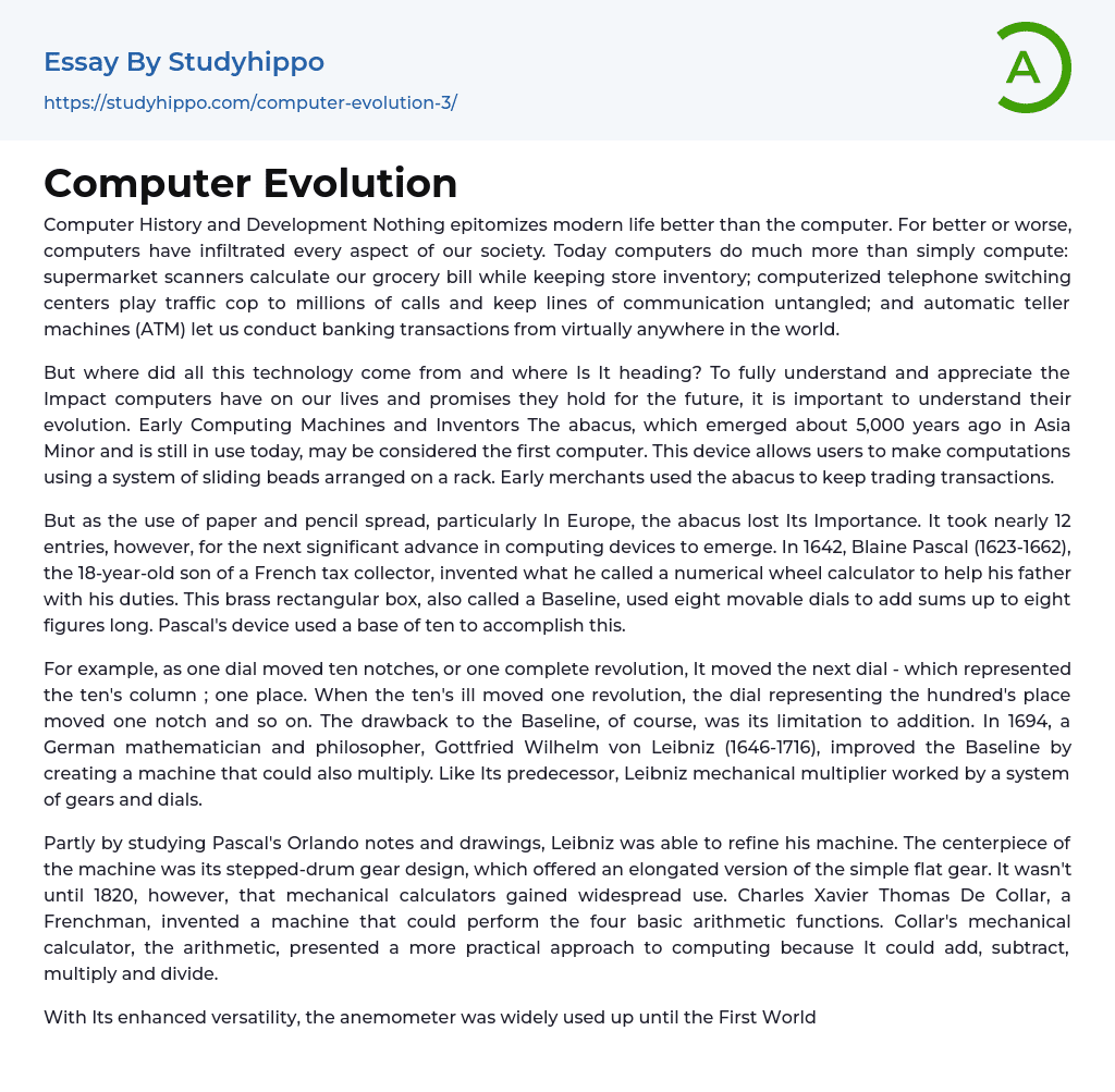 Computer Evolution Essay Example