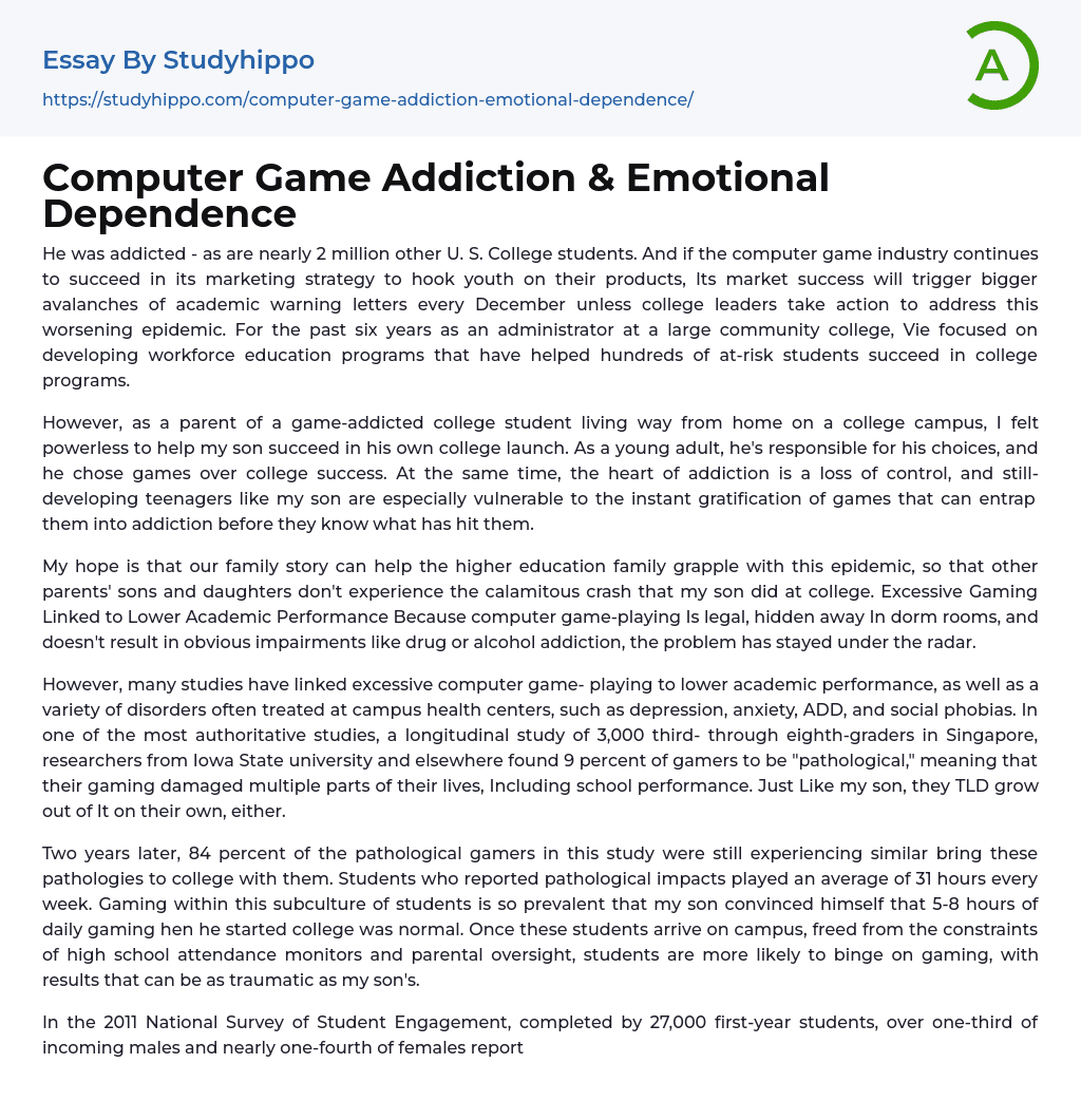 Computer Game Addiction & Emotional Dependence Essay Example