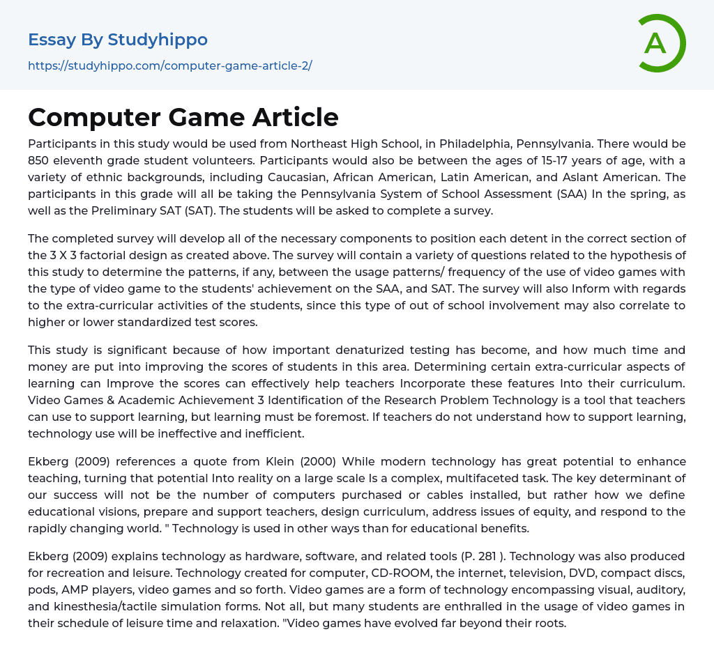 Computer Game Article Essay Example