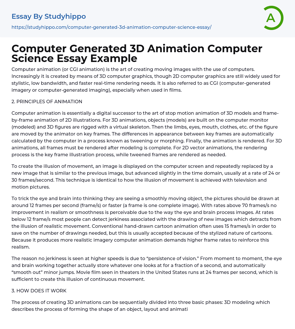 Computer Generated 3D Animation Computer Science Essay Example