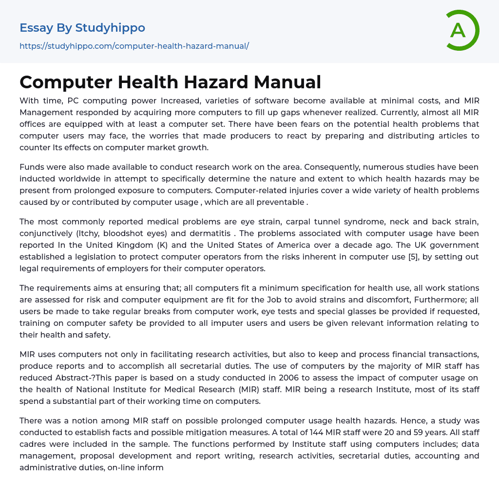 Computer Health Hazard Manual Essay Example
