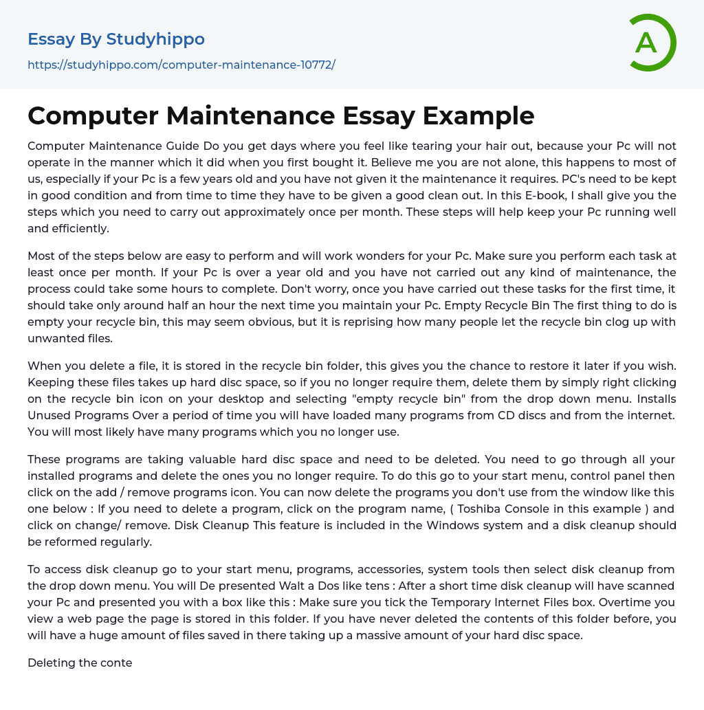 Computer Maintenance Essay Example