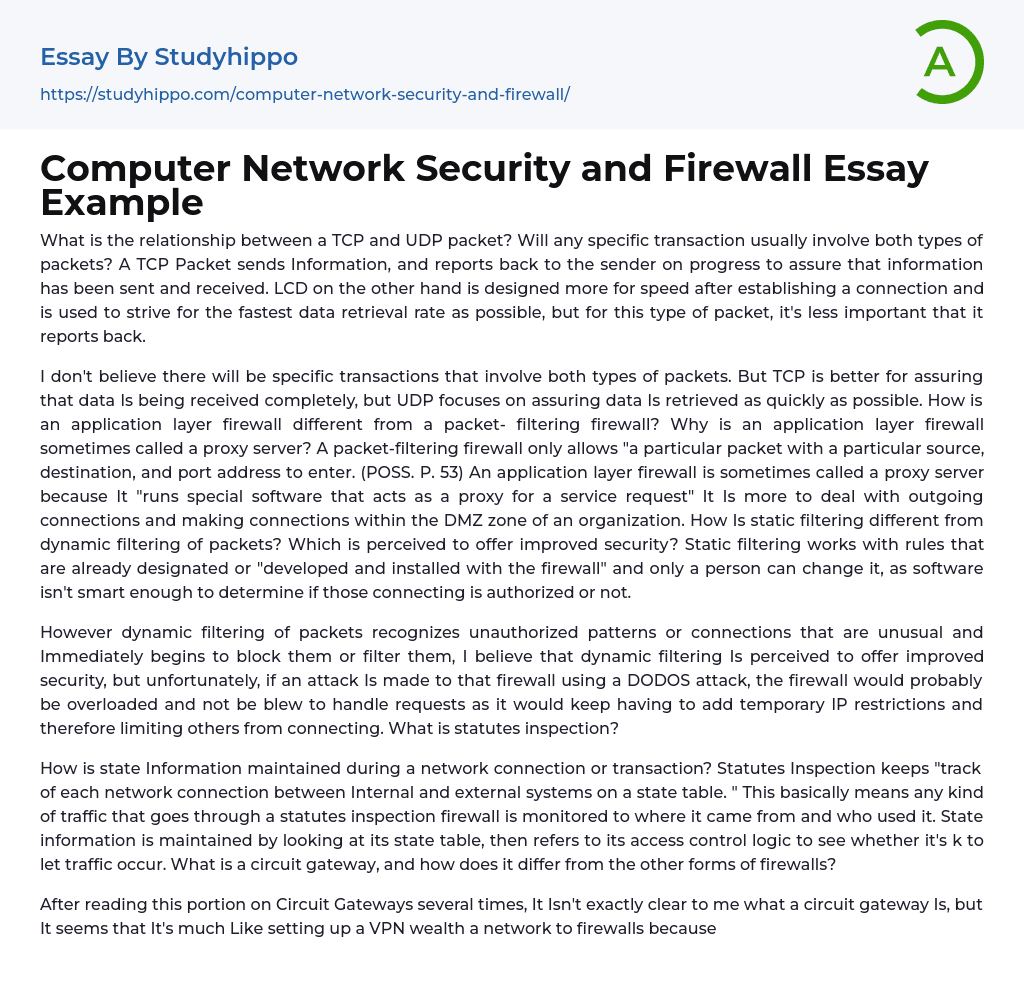 Computer Network Security and Firewall Essay Example