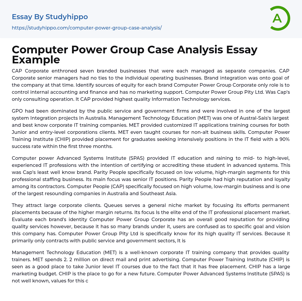 Computer Power Group Case Analysis Essay Example