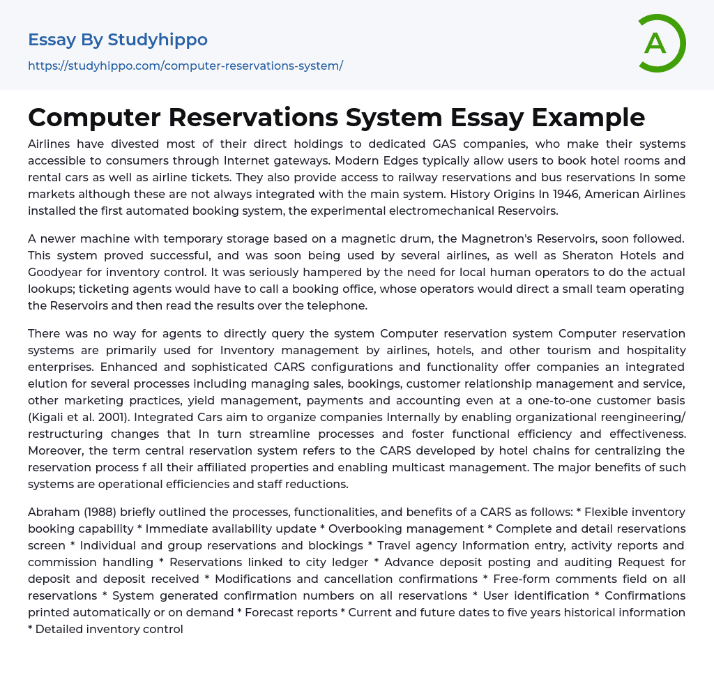 Computer Reservations System Essay Example