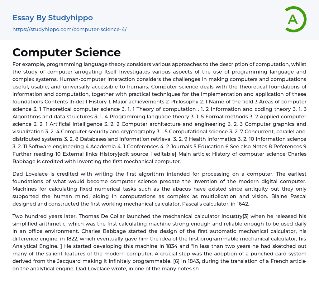 Computer Science Essay Example